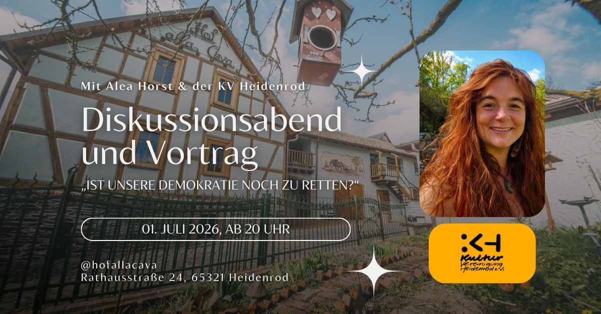 lea Horst spricht beim Diskussionsabend „Ist unsere Demokratie noch zu retten?" im Hof alla Cava Laufenselden, veranstaltet von der Kulturvereinigung Heidenrod.